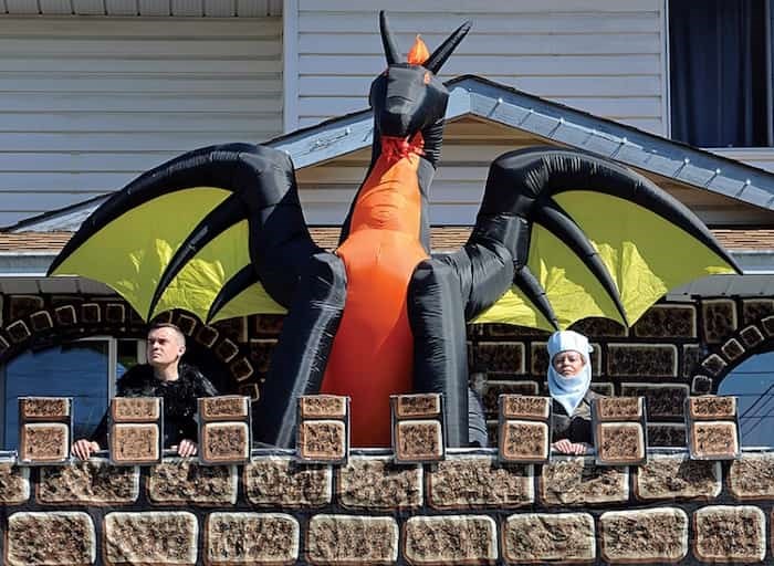  Leanne Lebel and her son Scott stand guard outside their Blueridge home ahead of the final episode of Games of Thrones, May 19. photo Cindy Goodman, North Shore News