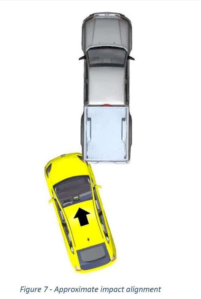  An illustration from a forensic engineering report shows the approximate impact alignment of Clarke's pickup and the taxi that rear-ended him. - Contributed by Willis Clarke