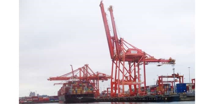  The Zim San Diego loads alongside the container docks at DP World’s Centerm terminal May 28.