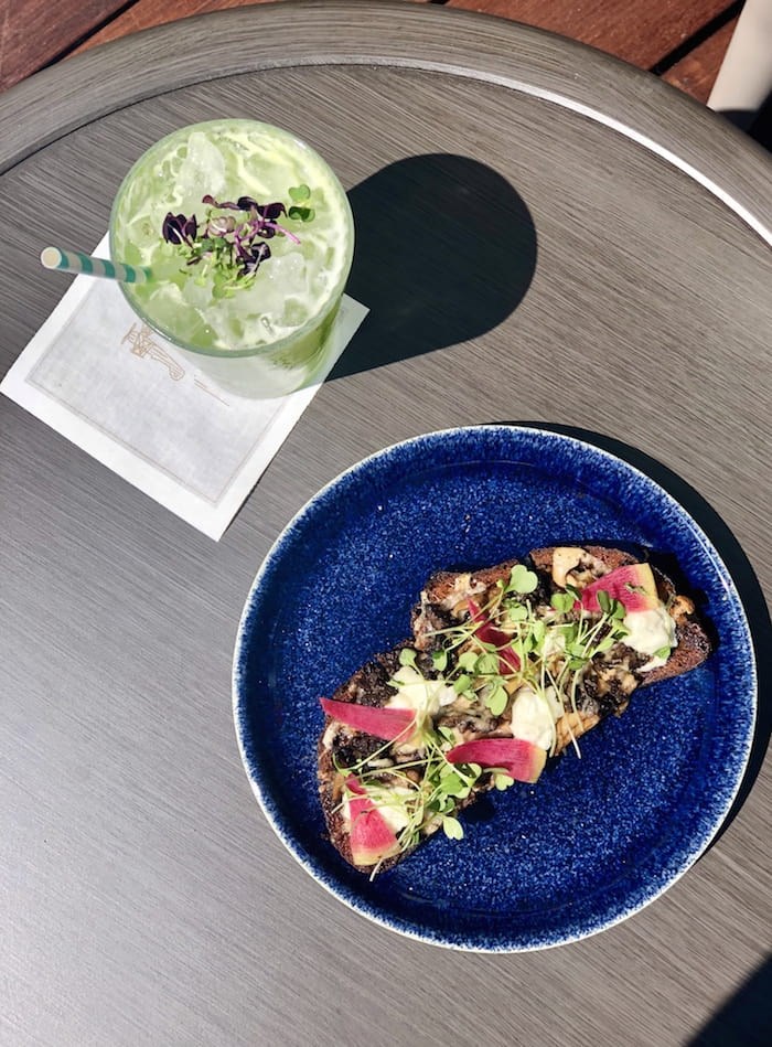  Morel Mushroom Tartine and the zero-proof Dressing on the Side drink. Photo by Lindsay William-Ross/Vancouver Is Awesome.