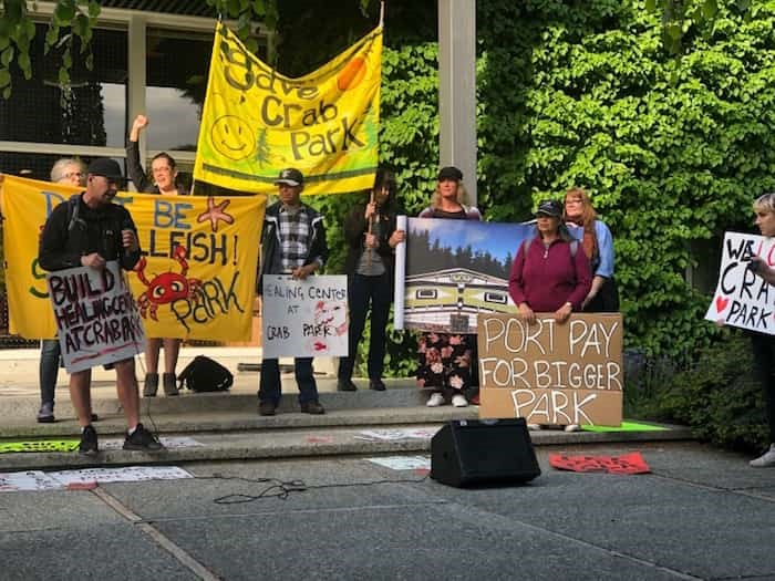  A group of residents and supporters from the Downtown Eastside rallied outside the Vancouver Park Board office May 13, calling for improvements to CRAB Park. Photo Jessica Kerr