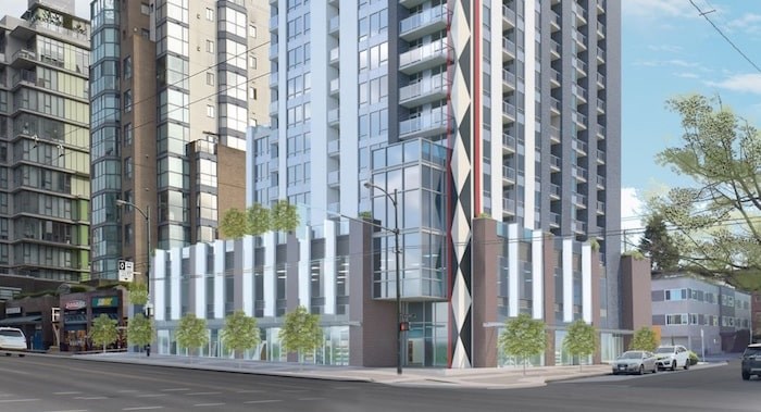  View from West Broadway. Plans include a tile moasic designed by Musqueam artist Debra Sparrow. Rendering IBI Group