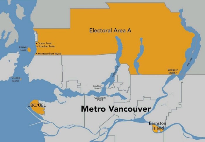  A byelection goes June 15 to choose a new director to represent Electoral Area A. Map courtesy Metro Vancouver