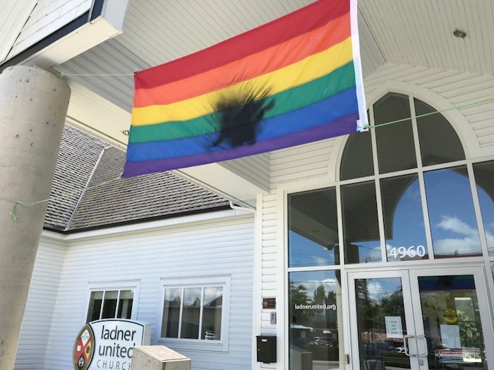  Someone destroyed Ladner United Church's Pride flag. Photo by Sandor Gyarmati/Delta Optimist