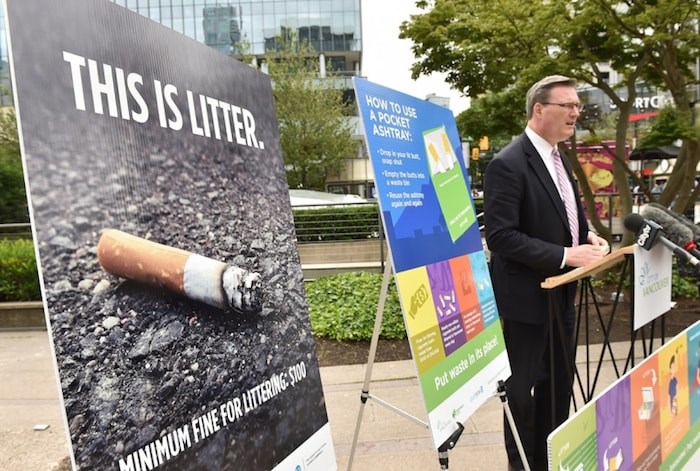  Jerry Dobrovolny, Vancouver’s general manager of engineering services, spoke at a press conference on cigarette butt litter reduction at the Vancouver Art Gallery on Wednesday, June 5. Photo by Dan Toulgoet/Vancouver Courier