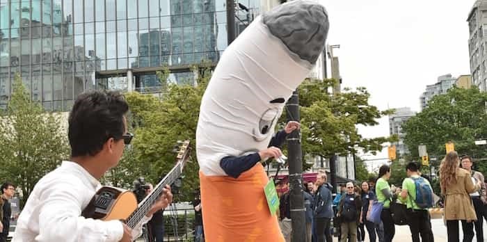  The City of Vancouver debuted its new mascot to promote its new cigarette butt disposal initiative: “Ashley,” a human-sized cigarette. Photo Dan Toulgoet