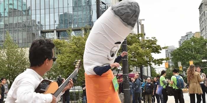  The City of Vancouver debuted its new mascot to promote its new cigarette butt disposal initiative: “Ashley,” a human-sized cigarette. Photo Dan Toulgoet