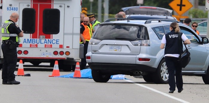  The scene on Thursday on Marine Way near Boundary Road in Burnaby. A 75-year-old pedestrian died. Photo: Shane MacKichan