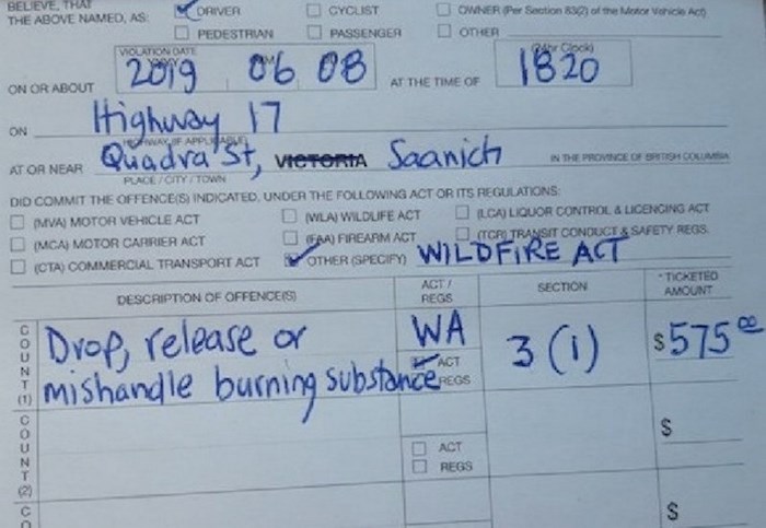  Part of ticket issued by Victoria Police Chief Del Manak to motorist for throwing lit cigarette out car window. Photo via Victoria Police Department