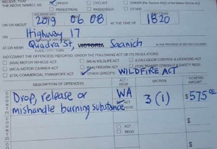  Part of ticket issued by Victoria Police Chief Del Manak to motorist for throwing lit cigarette out car window. Photo via Victoria Police Department