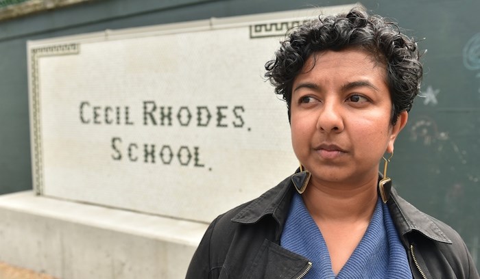  OneCity trustee Jennifer Reddy wants this sign removed from L’Ecole Bilingue. Photo by Dan Toulgoet/Vancouver Courier