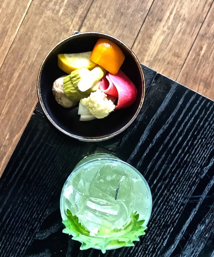  Seasonal farmers' market veggies, like watermelon radish and yellow squash, are pickled and pair nicely with the zero proof Nitobe Garden drink. Photo by Lindsay William-Ross/Vancouver Is Awesome