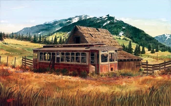  Painting in acrylic on canvas, artist Brian Croft depicted the fate of many North Vancouver streetcars that were converted into cabins near Stave River. More of Croft's work can be viewed 