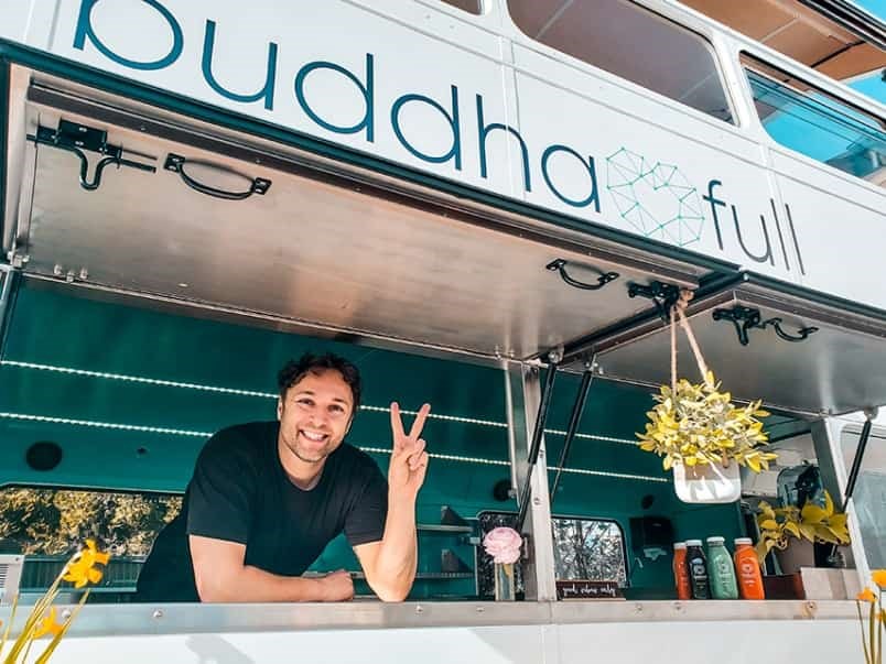  Buddha-Full co-founder Geremie Voigt says it’s all systems go with the Buddha-Bus now ready to roll. This weekend the bus will be at Capilano Mall on Saturday and Dollarton Plaza on Sunday. Photo: Supplied by BUDDHA-FULL