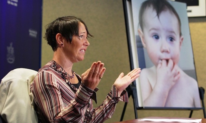  Tasha Brown speaks to the media at Saanich police headquarters in 2016. A photo of her missing daughter, Kaydance, is on an easel. Kaydance was found this week with Brown's former partner, Lauren Etchells. The child is now 4. Photo by Darren Stone/Times Colonist