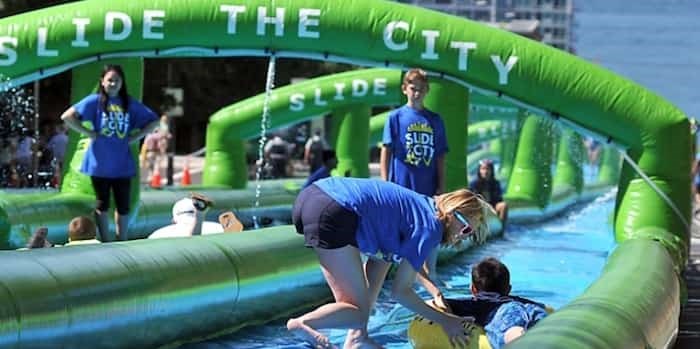  A giant waterslide stretching four city blocks was the highlight of the 2018 Fun City Festival. The City of North Vancouver announced today that this year's event has been cancelled. Photo: Paul McGrath / North Shore News