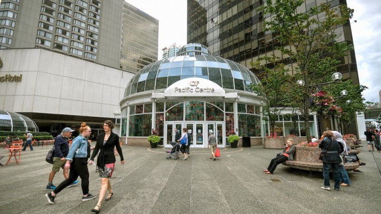  The current Pacific Centre plaza leads up to a glass rotunda entrance to the mall. Photo by Chung Chow/Business In Vancouver