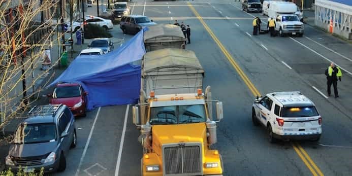  Police blocked off West Esplanade for hours as they investigated the death of a cyclist on Jan 27, 2019. A North 鶹ýӳman has now been charged. Photo Cindy Goodman / North Shore News