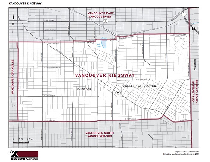  The boundaries of the Vancouver-Kingsway federal riding. Photo via Elections Canada