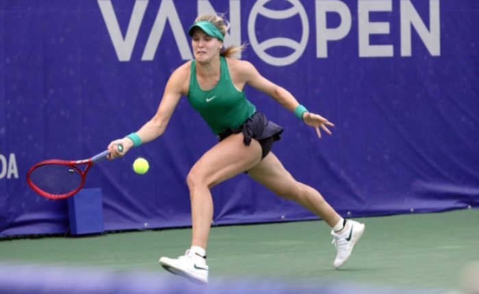  Eugenie Bouchard loads up a shot during the 2018 Odlum Brown VanOpen. Photo by Lisa King/North Shore News