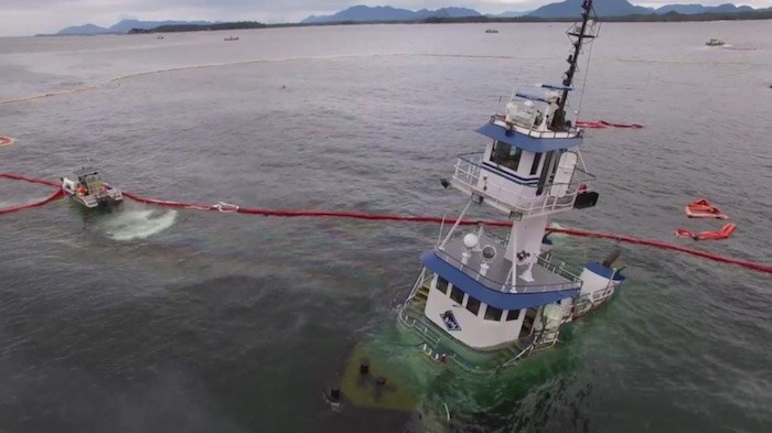  The 2016 sinking of a tugboat near Bella Bella led to the spill of 107,552 litres of diesel fuel and 2,240 litres of lubricants. Screengrab from video, Heiltsuk First Nation of Bella Bella, submitted