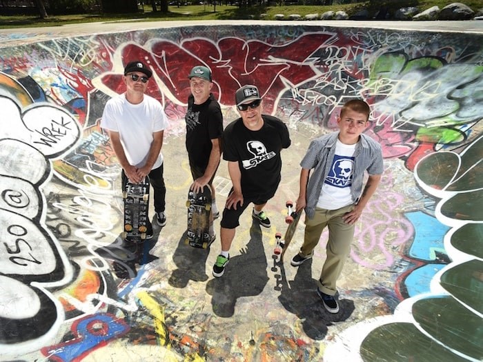  After 40 years, China Creek skatepark remains an integral space for Vancouver’s skateboard community, including Jeff Cole, Scott Kiborn, Peter Ducommun — a.k.a. “P.D.” — and Alexis MacRae. Photo by Dan Toulgoet/Vancouver Courier