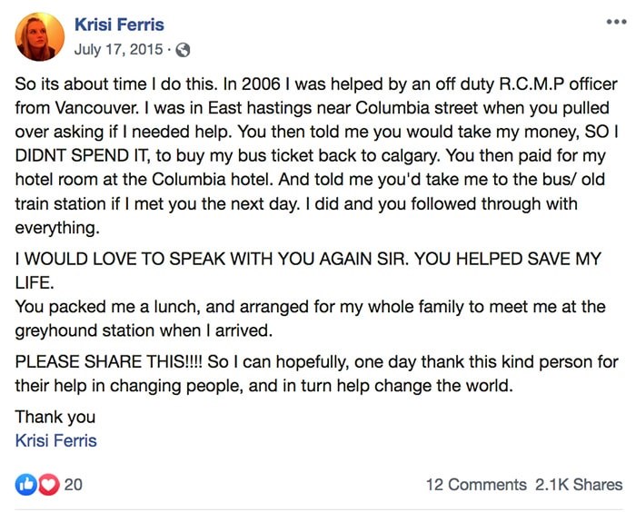  A Facebook post by Krisi Ferris in 2015.