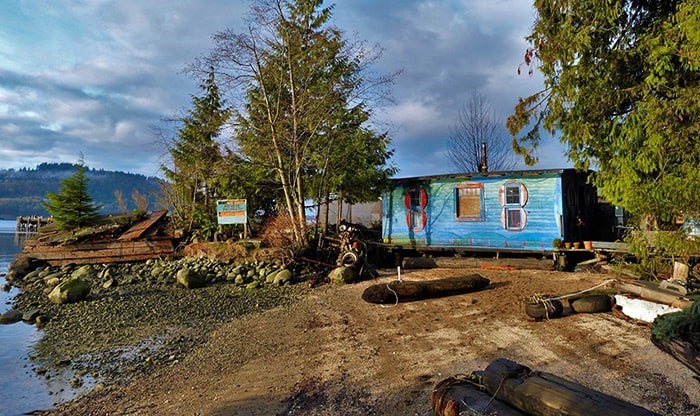  The Blue Cabin, in situ on the north shore of Burrard Inlet, was home to artists Al Neil and Carole Itter for many decades before it was removed from the site in 2015. Photo: John Ward