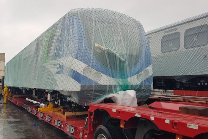  The first of a dozen new Canada Line trains built by Rotem in Korea is on its way to Vancouver. Photo courtesy TransLink