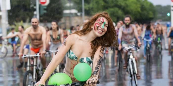  Hundreds of cyclists either naked or half naked demanding a more sustainable Thessaloniki to mobility and cycling. / Shutterstock