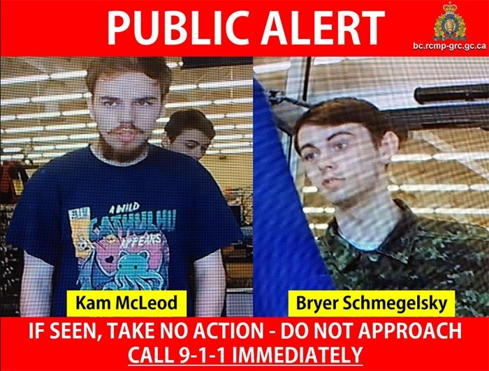  Kam McLeod & Bryer Schmelgesky are considered at-large and connected to the Dease Lake and Alaska Highway homicides in northern B.C. (via B.C. RCMP)