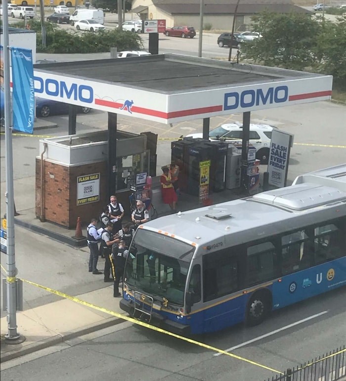  A TransLink bus is cordoned off at the Domo gas station on No. 3 Road south of Cambie in Richmond on Tuesday, July 23, 2019. Photo submitted by Liz via Richmond News