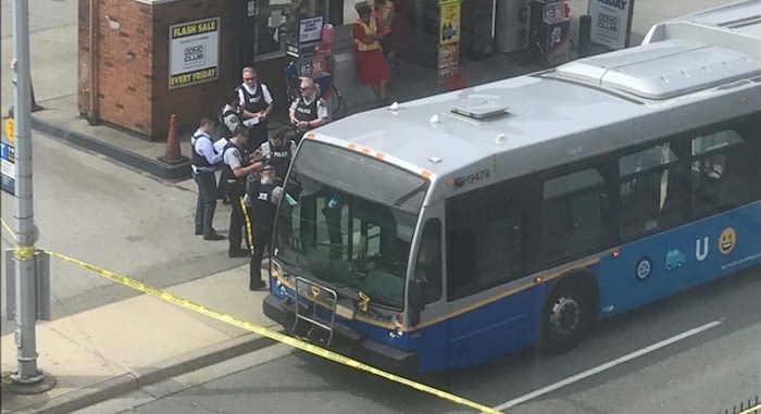  A TransLink bus is cordoned off at the Domo gas station on No. 3 Road south of Cambie in Richmond on Tuesday, July 23, 2019. Photo submitted by Liz via Richmond News