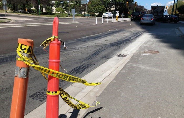  Willingdon and Beresford after city changes adding cement barriers and a left lane so drivers can go west on Beresford. Some cyclists are unhappy with the changes. Chris Campbell Photo