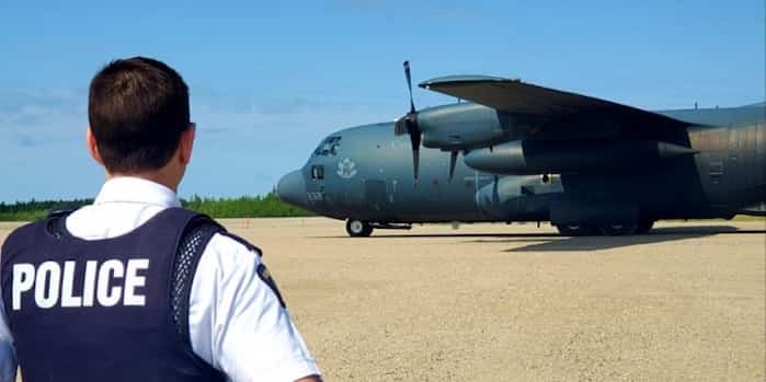  A military plane from Canadian Armed Forces arrives in Gillam to assist with the aerial search for Kam McLeod and Bryer Schmegelsky, July 27, 2019. Photo: Manitoba RCMP