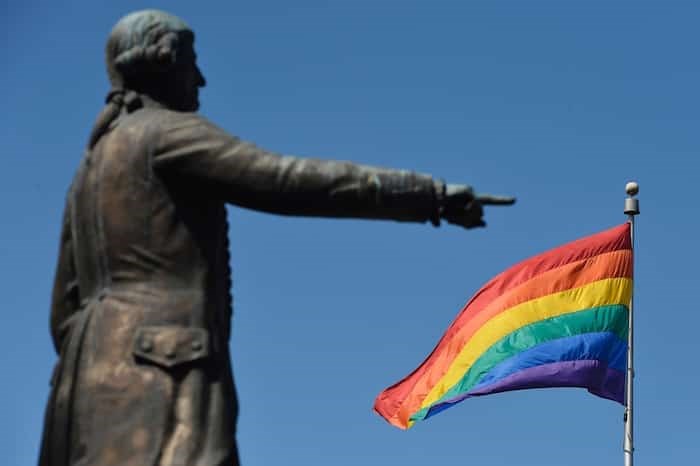  The statue of Capt. George Vancouver endorsed the proclamation of Pride Week at Vancouver City Hall July 29. Photo Jennifer Gauthier