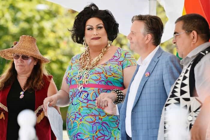  Event MC Joan-E (second from left) was joined by (L-R) Squamish councillor Deborah Baker, Vancouver Mayor Kennedy Stewart and Musqueam Chief Wayne Sparrow at the Pride Proclamation event at Vancouver City Hall July 29. Photo: Jennifer Gauthier