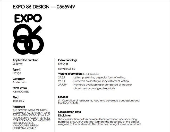  This is one of many abandoned EXPO 86 trademarks. Screengrab