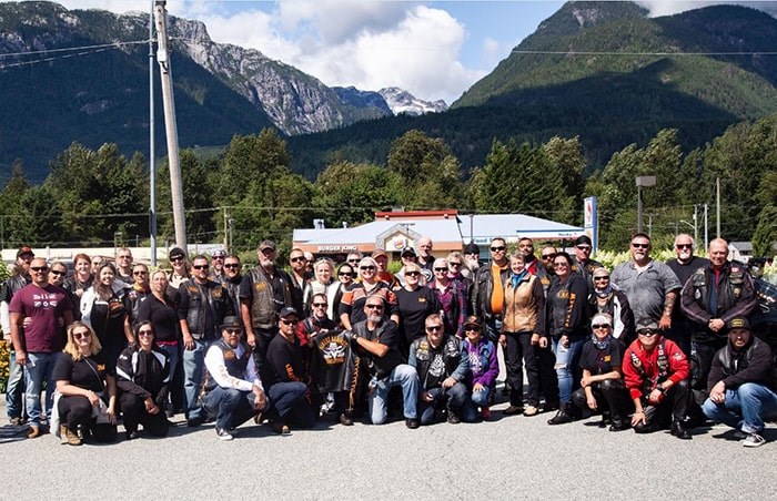  Members of Burnaby's new Bikers Against Bullying chapter pose for a group photo in Squamish Saturday. Source: Bikers Against Bullying