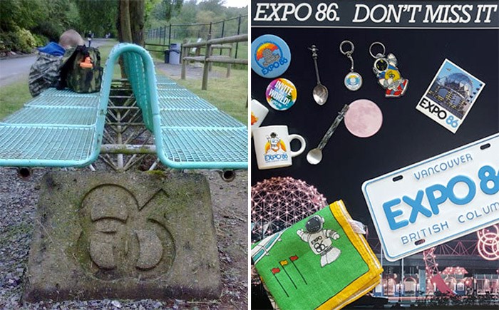  EXPO 86 bench and collectibles. Photos Sonya H (left) and Bob Kronbauer (right)