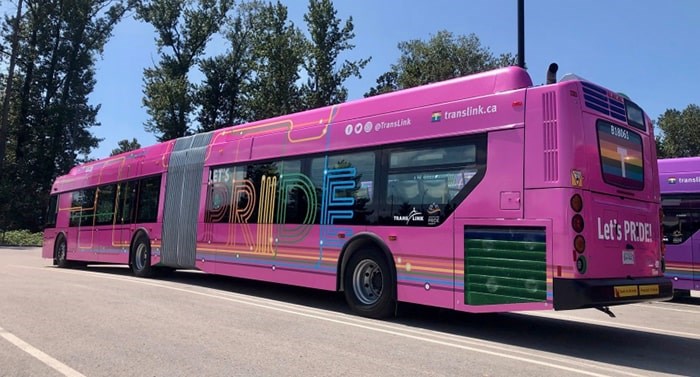  TransLink’s pink Pride bus can be seen on some routes around the city ahead of Sunday’s Pride Parade. Photo courtesy TransLink