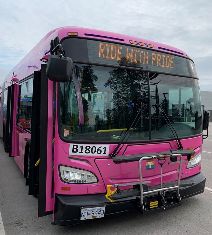  TransLink’s pink Pride bus can be seen on some routes around the city ahead of Sunday’s Pride Parade. Photo courtesy TransLink