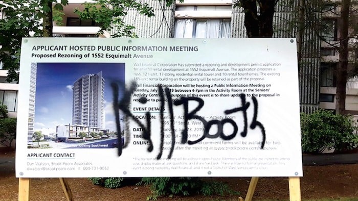  Graffiti on a West Vancouver signboard threatens Mayor Mary-Ann Booth. Photo supplied