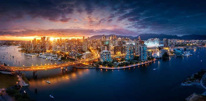  An epic photo of Vancouver city taken via drone from the south side of False Creek. Photo courtesy of Jon Ross Films