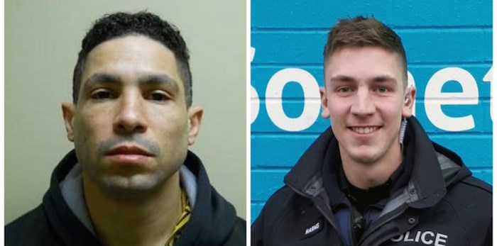  Police officers were involved in a Metro Vancouver-wide hunt to capture suspect Daon Gordon Glasgow (left) who was accused of shooting Const. Josh Harms at Scott Road SkyTrain Station Jan. 30 in Surrey.