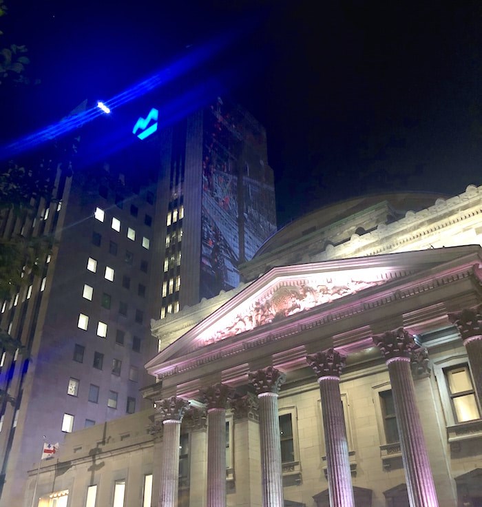  Keep an eye out at night for projections on buildings in Old Montreal, like this one on the side of the BMO building near Notre Dame. Photo by Lindsay William-Ross/Vancouver Is Awesome