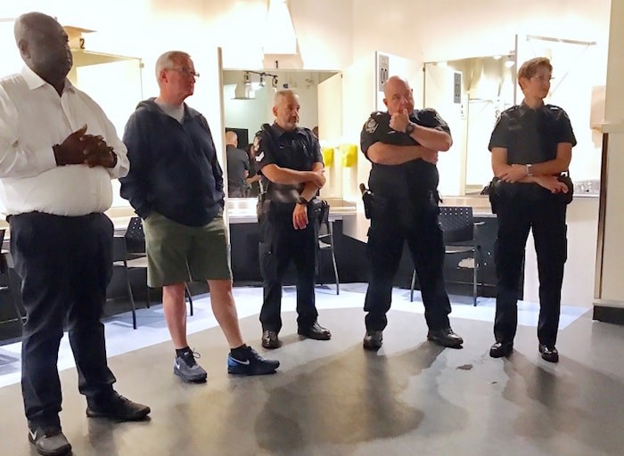  Philadelphia Mayor Jim Kenney and a delegation from his city, including Tumar Alexander (far left), visited the Insite drug injection site on East Hastings last week. Also pictured are members of the Vancouver Police Department. Photo courtesy Mayor Kenney’s office