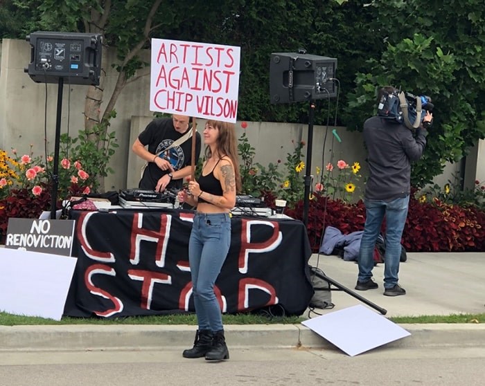 Protestors gathered outside Chip Wilson’s Point Grey mansion Saturday afternoon for a “rave against renovictions.” Photo Jessica Kerr