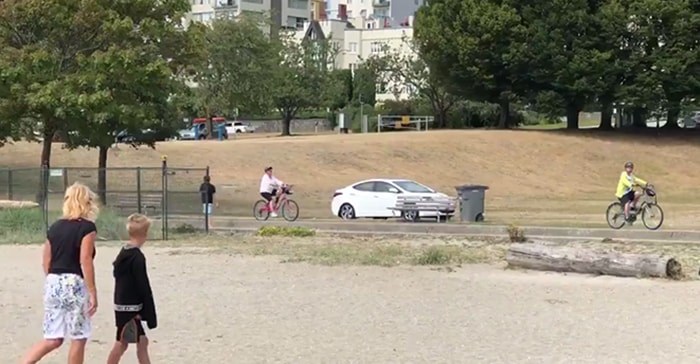  A person has mistakenly driven their car on the pedestrian path at Sunset Beach. Photo: Josh Loewen