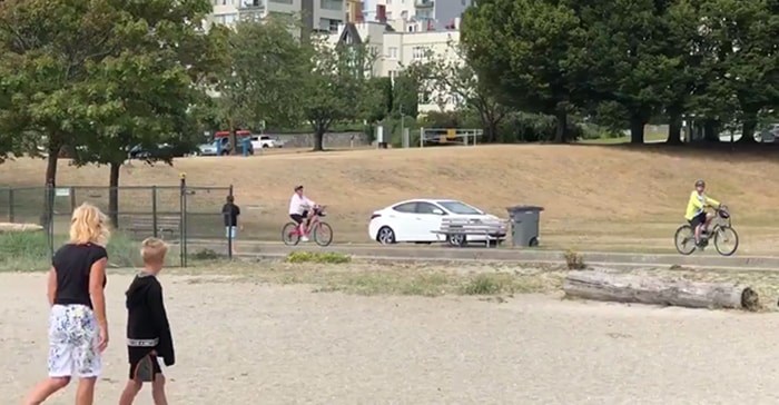  A person has mistakenly driven their car on the pedestrian path at Sunset Beach. Photo: Josh Loewen